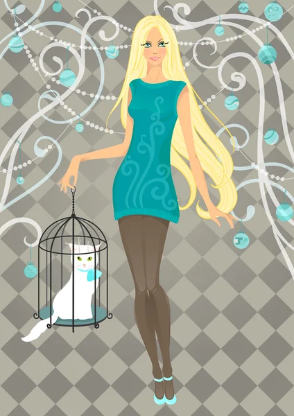 Belle fille avec chat en cage — Image vectorielle