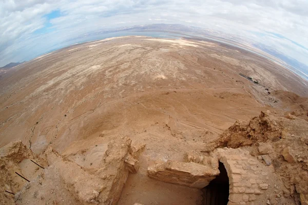 stock image Fisheye view of desert landscape seen from Masada fortress