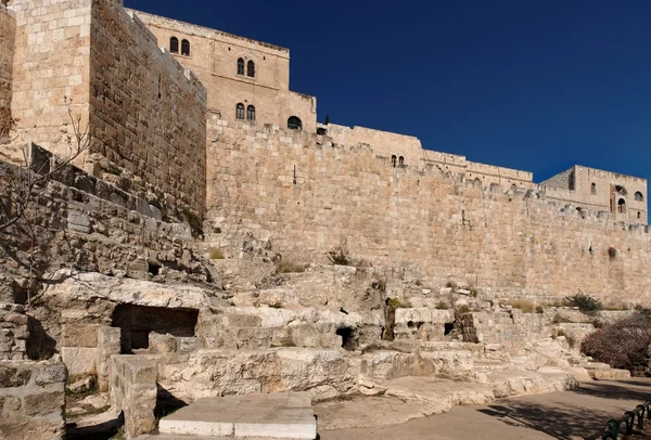 Ściana starego miasta w Jerozolimie, w pobliżu bramy obornika — Zdjęcie stockowe