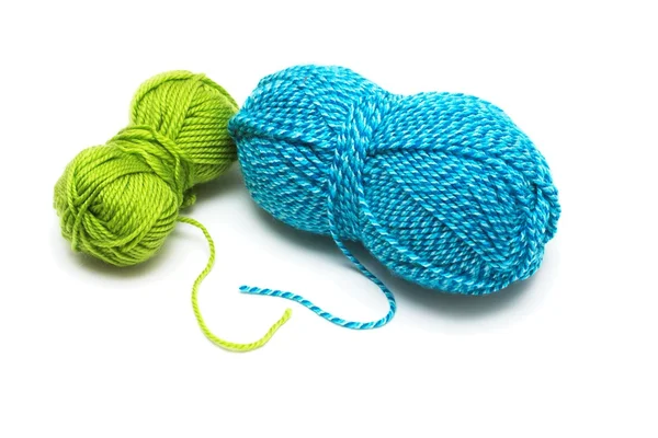 Clews of blue and green wool threads for knitting isolated — Stock Photo, Image