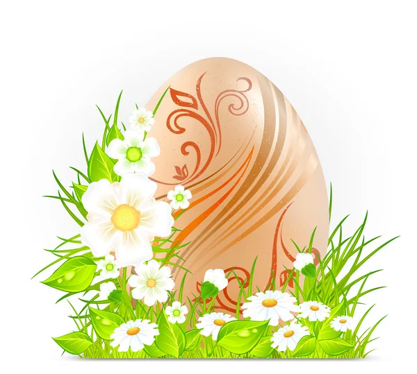 Huevo con flores y hierba — Vector de stock