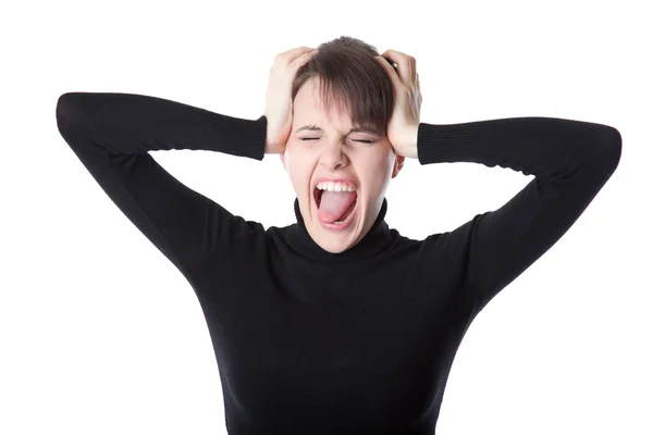 Jovem mulher está gritando — Fotografia de Stock