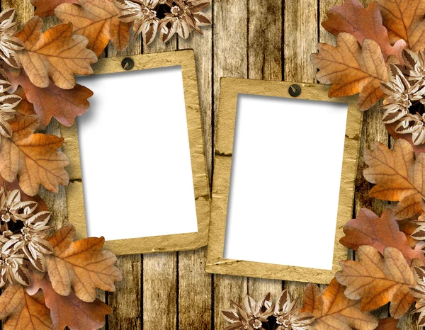 Herfst frame van eiken bladeren op een houten achtergrond van grange. — Stockfoto