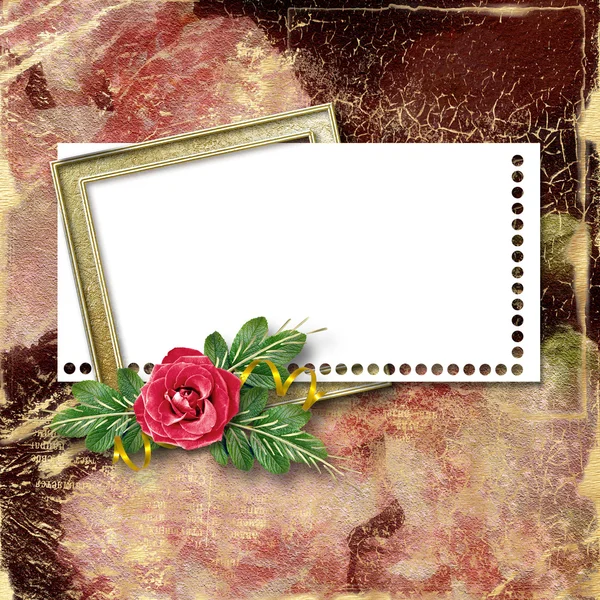 Quadro de uma foto ou congratulação com buquê de rosa vermelha . — Fotografia de Stock