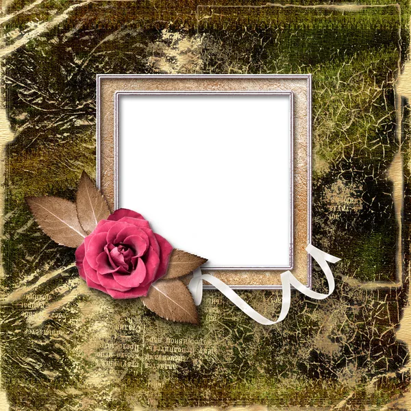 复古金色框一朵玫瑰。一张照片或祝贺的框架 — 图库照片