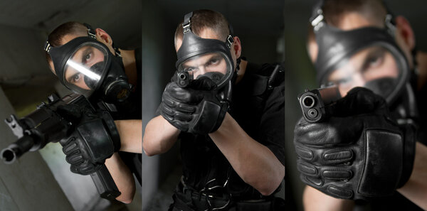 Collage of a soldier with guns in gas mask