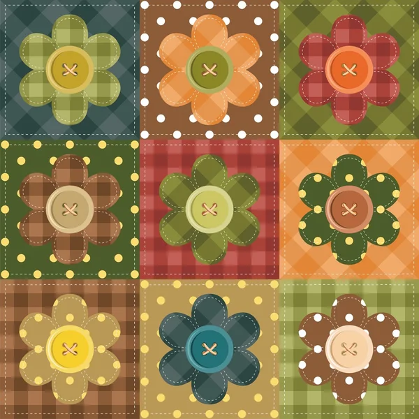 Fondo patchwork con flores y botones — Vector de stock