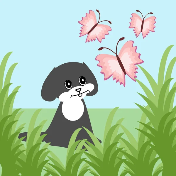 Joli petit chien et papillons — Image vectorielle