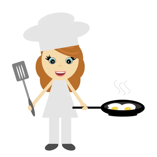 Stock vector Girl cook with pan with fried eggs