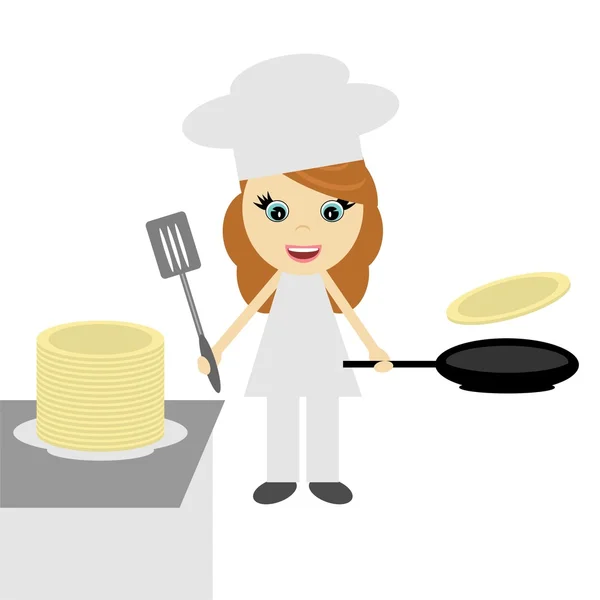 女孩厨师吃煎饼 — 图库矢量图片