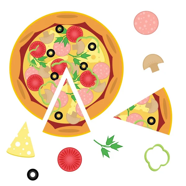 Pizza e ingredientes sobre fundo branco — Vetor de Stock