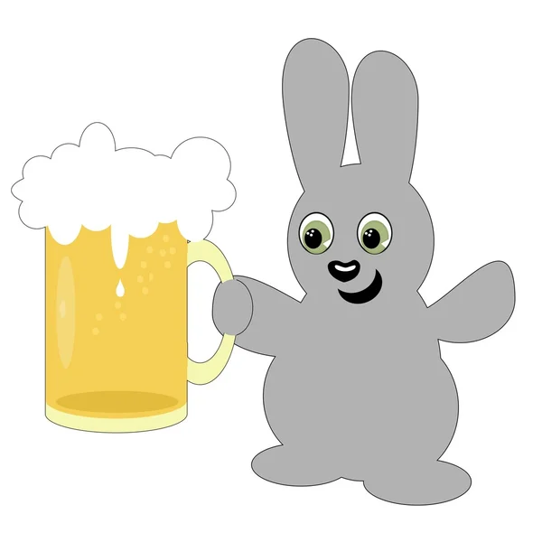 Nice hare with beer mug on white background — Stock Vector