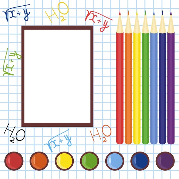Σχολείο πλαίσιο με μολύβια και χρώματα — Διανυσματικό Αρχείο