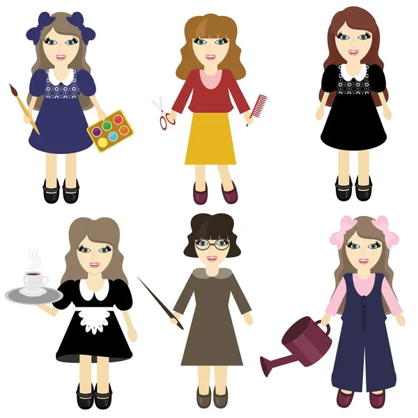 Sex fina flickor i olika yrken — Stock vektor