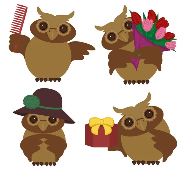 Four nice owls with different objects — Stock Vector