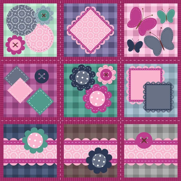 Set de patchwork sans couture avec différents objets de scrapbook — Image vectorielle
