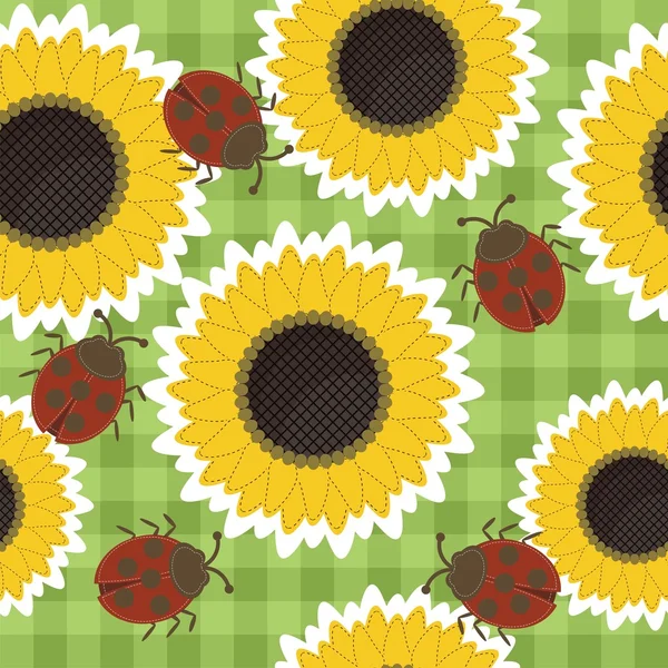 stock vector Seamless scrapbook background with sunflowers and ladybirds