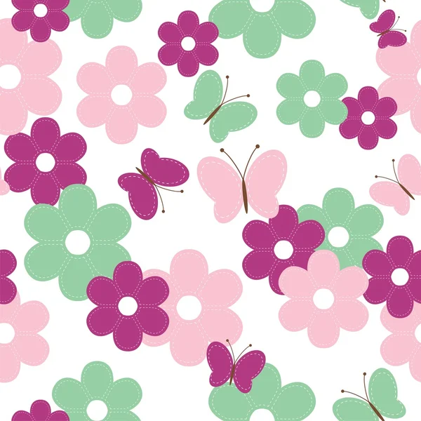 スクラップ ブックの花と蝶とのシームレスな背景 — ストックベクタ