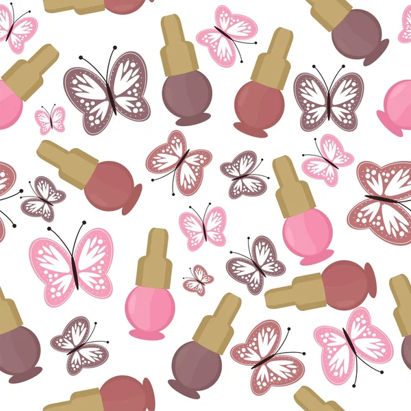 Nahtloser Hintergrund mit Nagellack und Schmetterling — Stockvektor
