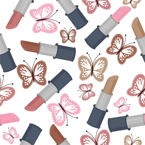 Nahtloser Hintergrund mit Lippenstiften und Schmetterlingen — Stockvektor