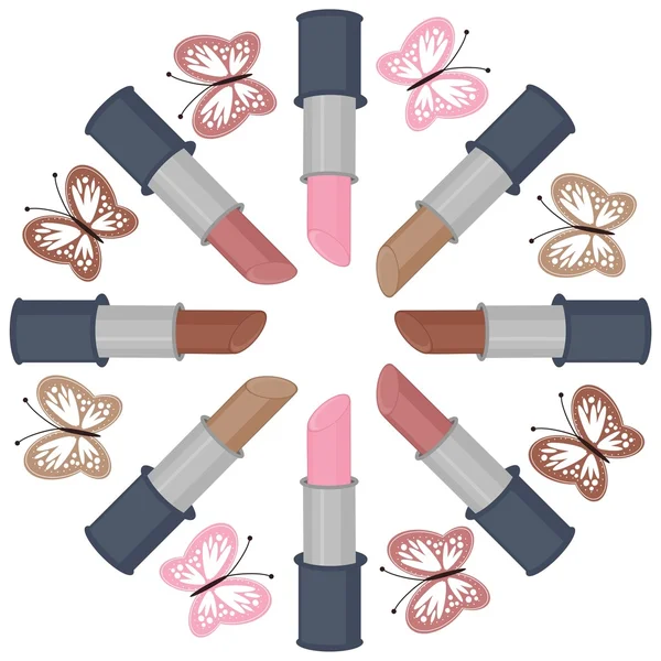 Rouge à lèvres et papillons sur fond blanc — Image vectorielle