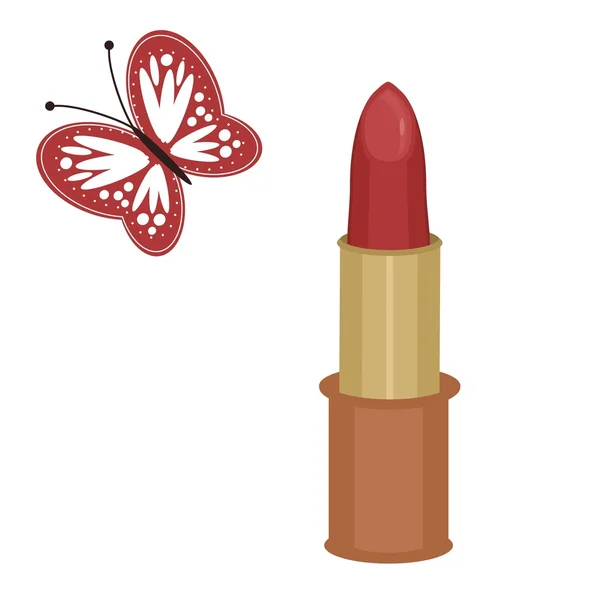 Lipstick and butterfly on white background — Stock Vector