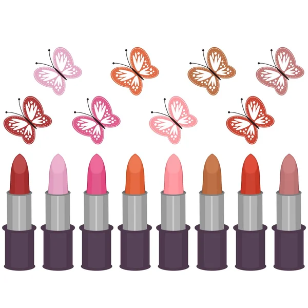 Lipsticks and butterflies on white background — Stock Vector