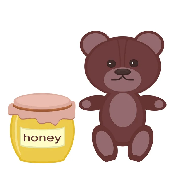 Urso de pelúcia agradável com mel no fundo branco —  Vetores de Stock