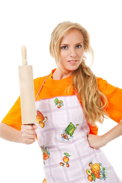 Femme au foyer avec rouleau à pâtisserie — Photo