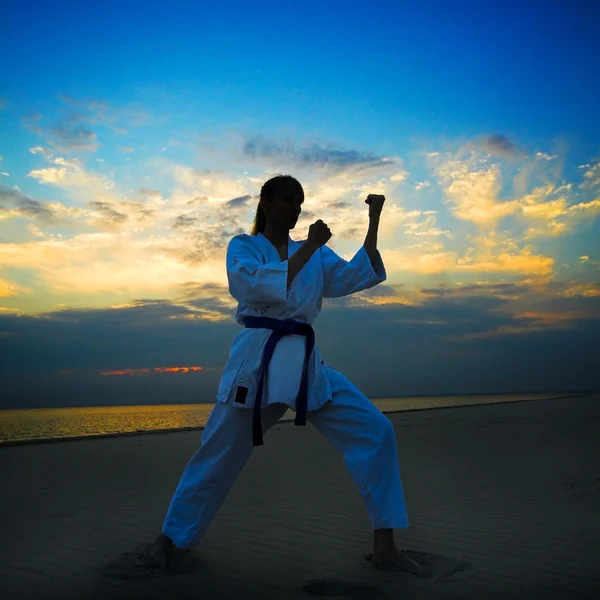 Karate sulla spiaggia del tramonto — Foto Stock
