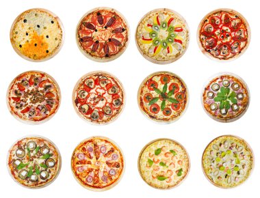 Twelve different pizzas clipart