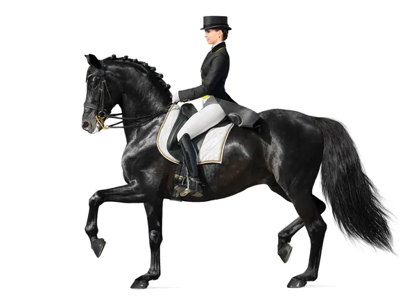 馬場馬術 - 黒い馬と女性 — ストック写真