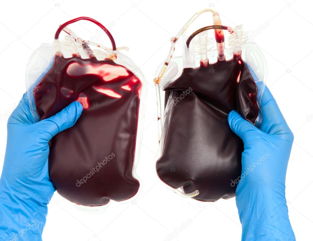 Bag of blood in hand isolated