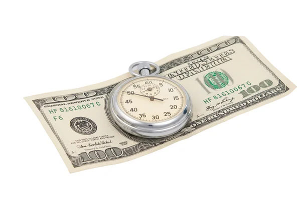 Cronômetro com nota de dólar isolada — Fotografia de Stock