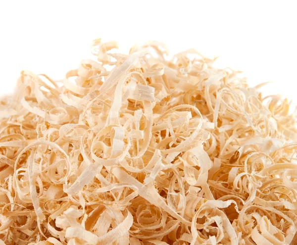 Wood shavings on white background with copy space — Stock Photo, Image