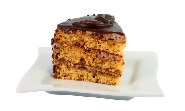 Parça çikolatalı kek izole bir plaka üzerinde — Stok fotoğraf