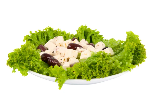 Feta cheese with olives and lettuce on a plate — Stock Photo, Image