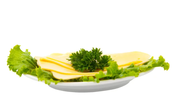 Slices of cheese with lettuce on a plate isolated — Stock Photo, Image