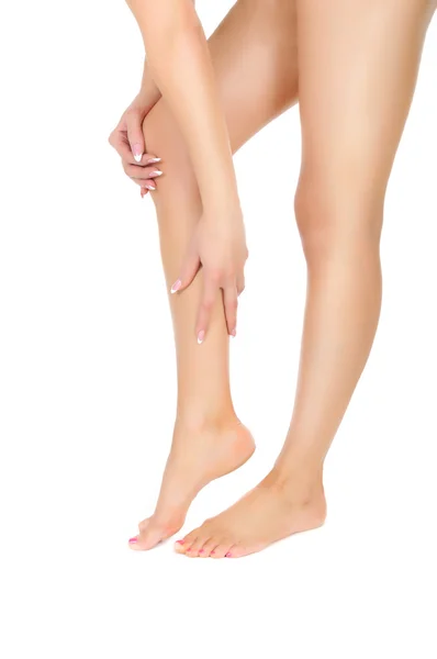 Gambe femminili massaggiate con le mani sopra bianco — Foto Stock