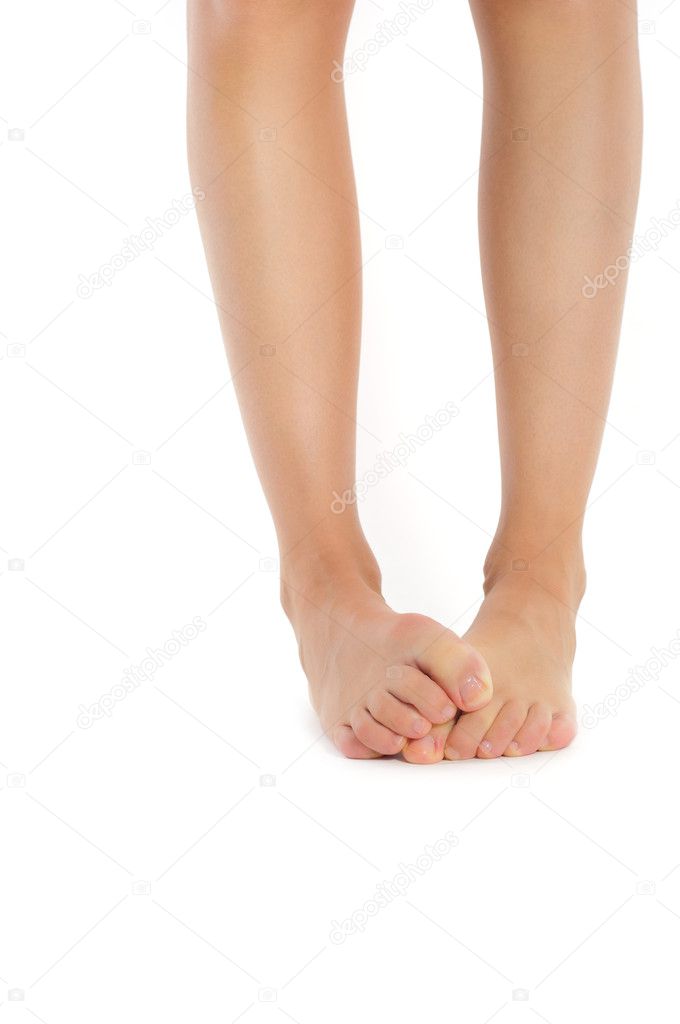 Tired female clumsy legs with bent fingers isolated on white