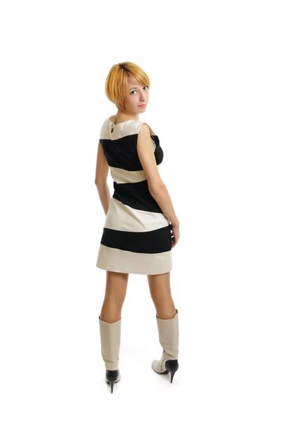 Attraktiv ung student kvinna i svart och vit klänning med FöPL — Stockfoto