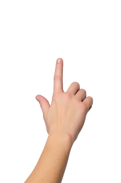 Close up tiro da mão feminina com um dedo tocando algo ou — Fotografia de Stock