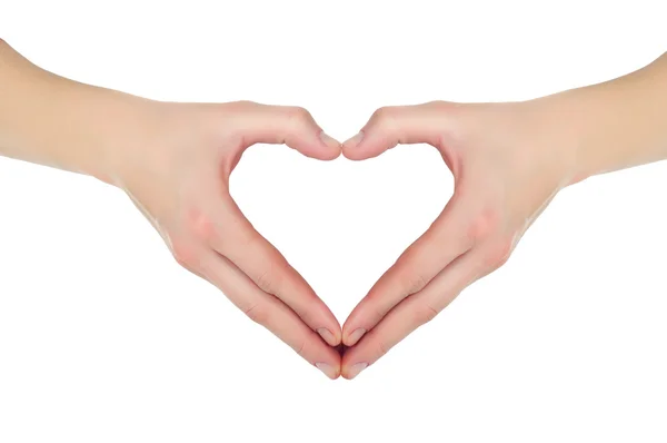 Mãos femininas na forma de coração isolado no fundo branco — Fotografia de Stock