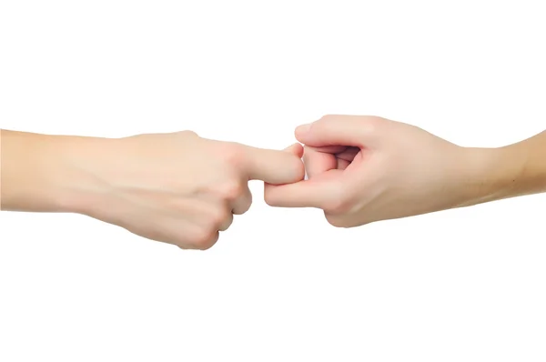 Vrouwelijke handen in vorm van lock houden dat elkaar geïsoleerd op whi — Stockfoto