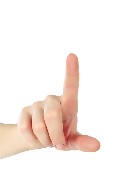 Gros plan de la main féminine avec un doigt touchant quelque chose ou — Photo