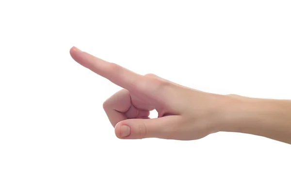 Vrouwelijke hand met een vinger aanraken somethimg of drukken op een knop — Stockfoto