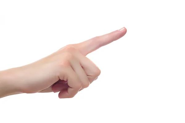 Gros plan de la main féminine avec un doigt touchant quelque chose ou — Photo