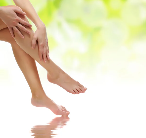 Saudável sexy esbelta pernas femininas sendo massageado com as mãos — Fotografia de Stock