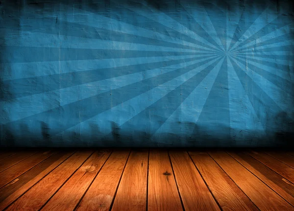 黑暗复古蓝色房间与木地板和艺术阴影广告 — 图库照片