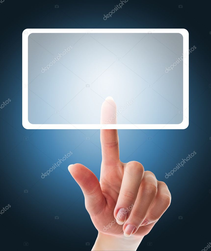 Female hand pushing a button on a touch screen interface
